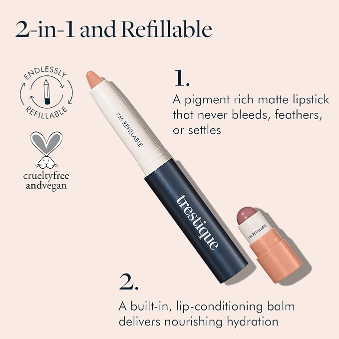 TRE'STIQUE Matte Lip Crayon, Matte Lipstick With Built-in Lip Gloss Balm, 2-in-1 Lip Liner Set With Lip Crayon and Lip Balm, Lipstick and Lip Gloss Kit (Tuscan Wine Refillable)
