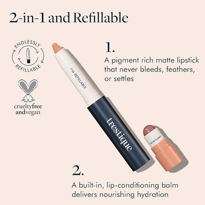TRE'STIQUE Matte Lip Crayon, Matte Lipstick With Built-in Lip Gloss Balm, 2-in-1 Lip Liner Set With Lip Crayon and Lip Balm, Lipstick and Lip Gloss Kit (Chile Red Refillable)
