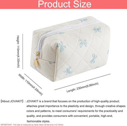 JOVAKIT Square Makeup Bag Cute Cosmetic Bag for Women, Floral Coquette Aesthetic Toiletry Bag, Zipper Make Up Pouch, Travel Make Up Organizer Bag (Blue Bow Tie)