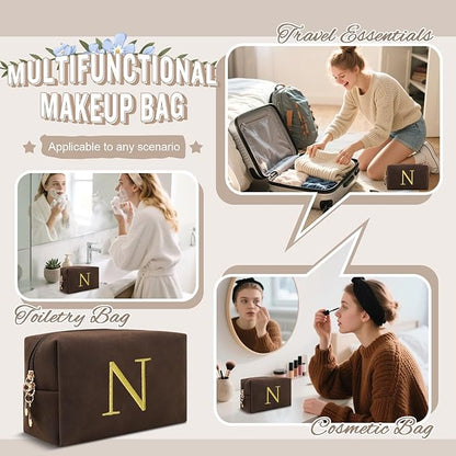 Personalized Initial Makeup Bag,Preppy Suede Cosmetic Bag for Teen Girls,Small Monogram Travel Toiletry Bag With Gold Embroidered Letter,Trendy Stuff Custom Christmas Gift for Women(Coffee-N)