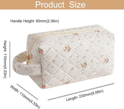 Makeup Bag Travel Cosmetic Bag for Women, Zipper Make Up Pouch, Floral Flowers Toiletry Organizer Makeup with Handle, Cosmetic Travel Cloth Bag (Beige Floral)