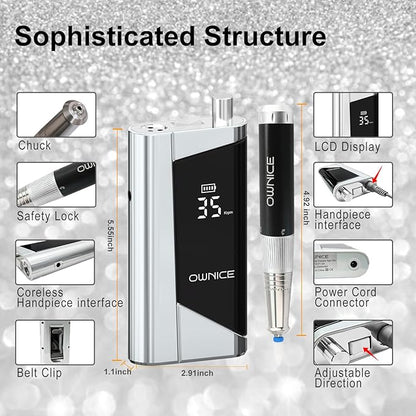 Electric Professional Nail Drill 35000RPM Cordless Portable Nail E-File Buffer Tools with Bits Perfect for Salon Manicure Pedicure Acrylic, Gel, Natural Nails(Sky Silver)