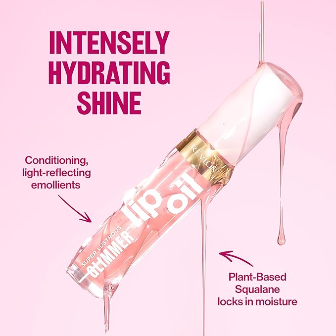 REVLON Super Lustrous Glimmer Lip Oil, Moisturizing & Tinted, Shiny Finish, Made with Plant-Based Squalane, 004 Gone Rose, 0.13 fl oz