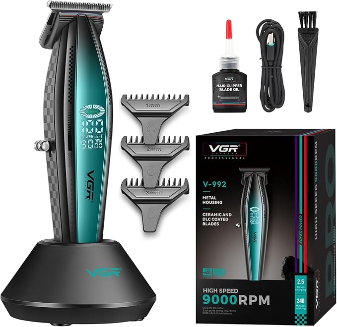 VGR 992 Professional Hair Trimmer for Men Versatile Cordless Zero Gapped Line Up Clipper for Beard Hair T Blade Barber Trimmer Metal Body 9000 RPM Rechargeable 240-Minute Run Time