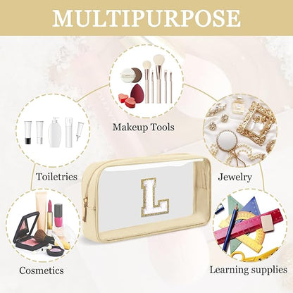 Small Clear Personalized Initial Makeup Bag,Nylon Preppy A-Z Chenille Letter Patch Cosmetic Pouch Beach Toiletry Bag,Waterproof Zipper Travel Purse Storage Bag Organizer for Women Girls(Beige-White L)