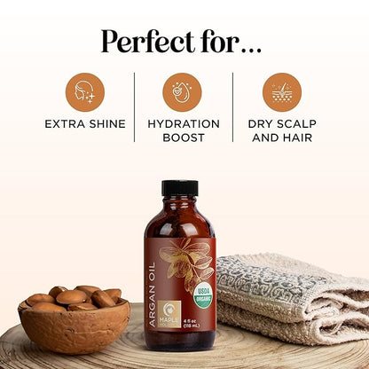 Certified Organic Argan Oil for Hair Skin & Nails - 100% Pure Moroccan Argan Oil Organic Cold Pressed and Unrefined - Fast Absorbing Hair Body and Face Moisturizer plus Beauty DIYs (4 Fl Oz)