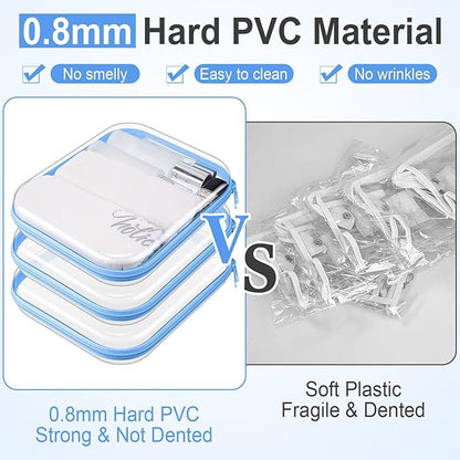 Hoolerry 3 Pcs Clear Hard Zipper Case Plastic Pouch Transparent Hard Case Clear Makeup Bag Portable Travel Organizer Bin for Cosmetics, Building Blocks, Puzzles(Blue,M)