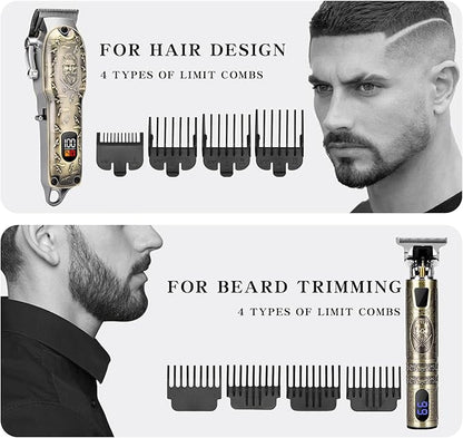 Professional Hair Clipper Set, Digital Display Trimmer Kit with Accessories, Barber Case and Cape, Vintage Design