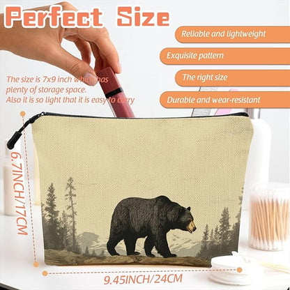 Cosmetic Bags Travel Makeup Toilet Case Waterproof Pouch for Women Girls 6.7X9.45inches - Black Bear Walking in A Mountainous Forest Landscape