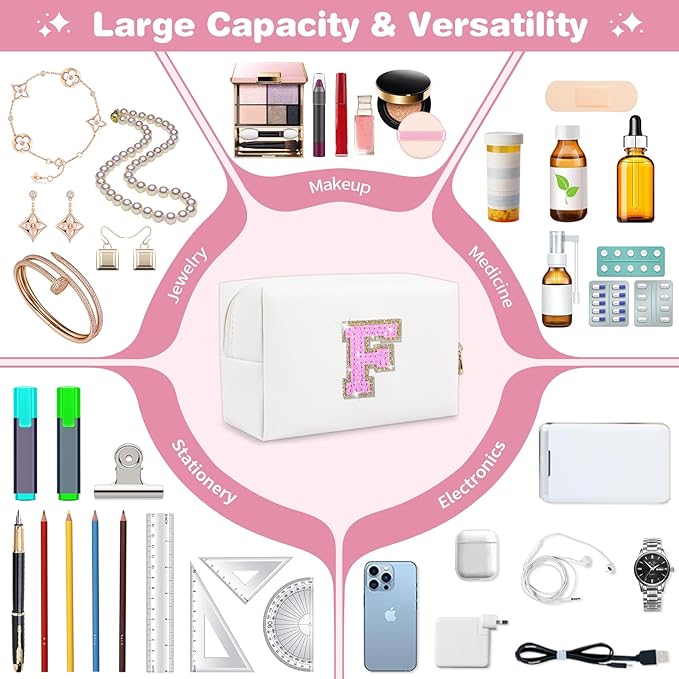 Small Initial Patch Makeup Bag Personalized Gifts Make Up Bag,White Cute PU Leather Glitter Letter Cosmetic Bag with Zipper,Trendy Portable Travel Toiletry Pouch,Preppy Stuff for Teen Girls Women F