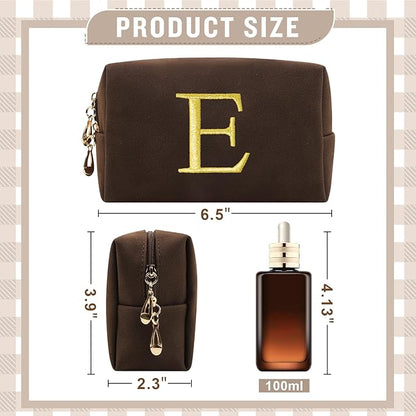 Personalized Initial Makeup Bag,Preppy Suede Cosmetic Bag for Teen Girls,Small Monogram Travel Toiletry Bag With Gold Embroidered Letter,Trendy Stuff Custom Christmas Gift for Women(Coffee-E)