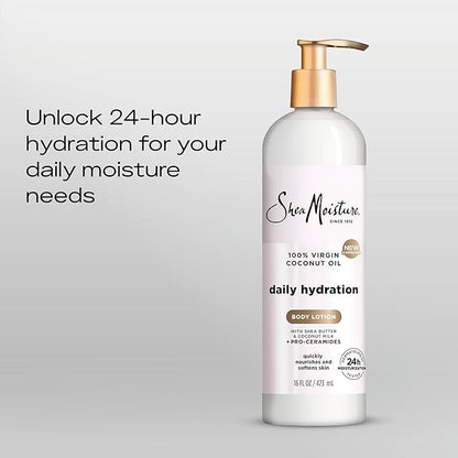 SheaMoisture Daily Hydration Body Lotion with 100% Virgin Coconut Oil, Shea Butter, Coconut Milk and Pro-Ceramides, Quickly Nourish & Soften Skin, 24H Moisturizing 16 oz
