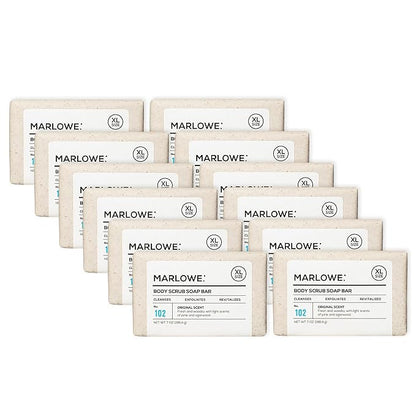 MARLOWE. No. 102 Body Scrub Soap 7 oz (12 Bars), Exfoliating Soap Bar with Shea Butter, Olive Oil & Green Tea Extracts, Cleanses, Smooths & Revitalizes Skin, Original Sage & Fir Scent