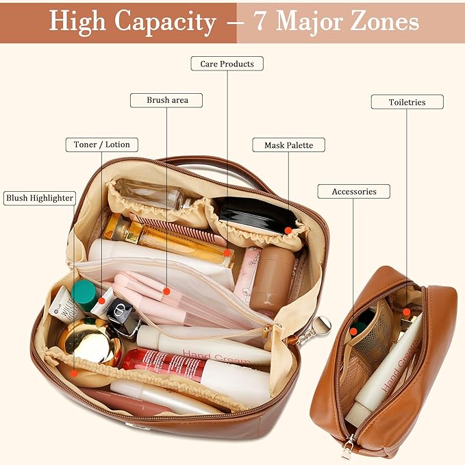 Birthday Gifts for Women Teen Girl, Personalized Initial Makeup Organizer Bag Set, Open Flat Travel Cosmetic Bag With Clear Divider and Handle(Brown,T)