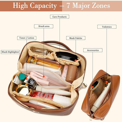 Birthday Gifts for Women Teen Girl, Personalized Initial Makeup Organizer Bag Set, Open Flat Travel Cosmetic Bag With Clear Divider and Handle(Brown,T)