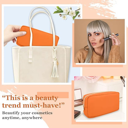 Nylon Small Makeup Bag for Purse, Cute Preppy Makeup Bag Cosmetic Zipper Pouch Purse, Waterproof Portable Travel Toiletry Bag Clutch Makeup Brush Bag Organizer Storage for Women Men Girls(Orange)