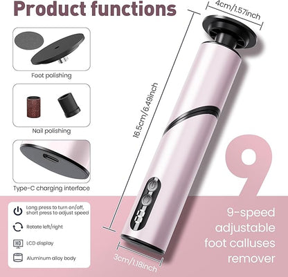 Electric Foot Callus Remover,2 in1 Rechargeable Callus Remover for Feet,9-Speed Cordless Electric Foot File Nail Grinder,Foot Scrubber Pedicure Tools for Dead Skin Dry Cracked Feet(Pink Fold)