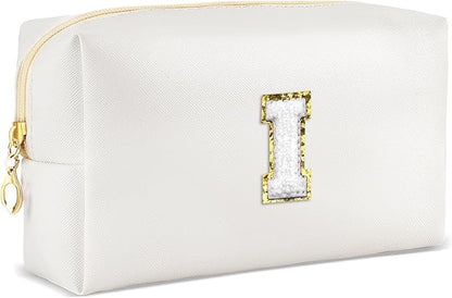 Gifts for Girls Initial Makeup Bag Personalized Cosmetic Bag with Zipper Cute Travel Toiletry Bags Waterproof PU Preppy Makeup Pouch Birthday Gift for Teen Girls Women(White I)
