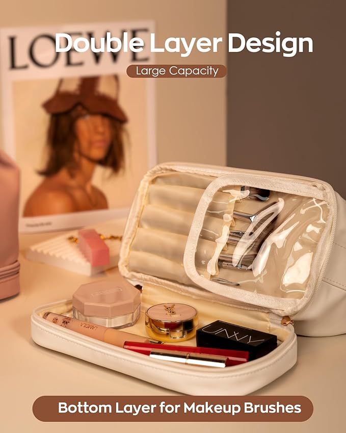 Initial Makeup Bag Personalized Bags with Handle, Friend Gifts for Women Cosmetic Bag, Mothers Birthday Gifts Leather Makeup Bags Letter Travel Toiletry Bag with Makeup Brush Organizer
