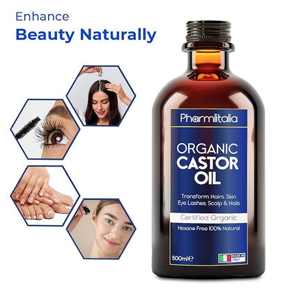 Caster Oil Organic Cold Pressed Unrefined Glass Bottle - Organic Golden Castor Oil for Face, Scalp, Eyelashes, Skin Care and Nails - Aceite De Castor Organico Puro - 500ml