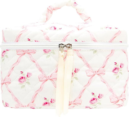 PAZIMIIK Quilted Makeup Bag Large Travel Zipper Soft Cosmetic Case for Women Girls Make Up,Bow Rose