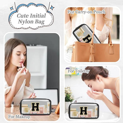 Small Clear Personalized Initial Makeup Bag,Nylon Preppy A-Z Chenille Letter Patch Cosmetic Pouch Beach Toiletry Bag,Waterproof Zipper Travel Purse Storage Bag Organizer for Women Girls(Black-Black H)