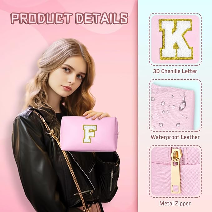 TOPEAST Preppy Makeup Bag, Small Cosmetic Travel Bags for Women, PU Leather Waterproof Toiletry Bag with Zipper, Personalized Birthday Gift for Women Girl, Preppy Gifts for Girl (Pink Y)