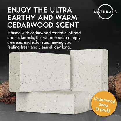 O NATURALS 7.76 oz (3PC) Exfoliating Soap Bar Cedarwood - Heavy Grit Mens Soap - All Natural Exfoliation Bar Soap for Men - Apricot Kernels Bar Soap - Face Soap Bar - Moisturizing Mens Face Bar Soap
