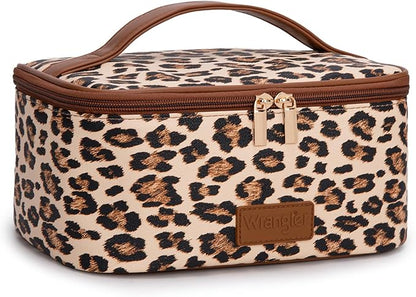Montana West X Wrangler Travel Makeup Bag 2pcs Set Large Cosmetic Bag with Makeup Brush Holder Portable Make Up Organizer Cute Toiletry Bag with Divider and Handle for Women Leopard