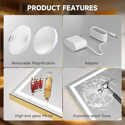 Hasipu Vanity Mirror with Lights, 32" x 20" LED Makeup Mirror, Lighted Makeup Mirror with Dimmable 3 Modes, Touch Screen Control Vanity Mirror Square Gold