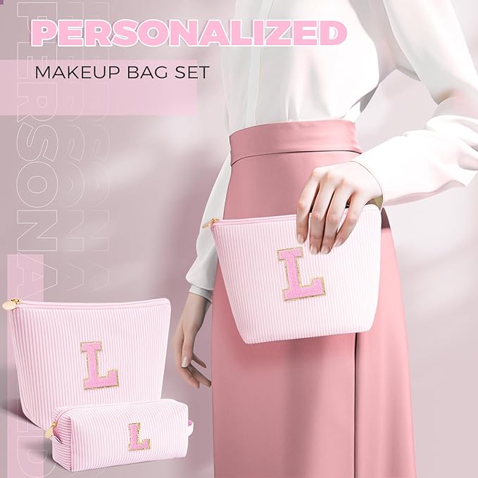 Dance Recital Gifts for Girls - Cosmetic Bag for Teen,Initial Cute Makeup Bag Set for Women,Trendy Pouch for Niece Sister Friend Female Her,Birthday Gifts for Daughter - Pink,L