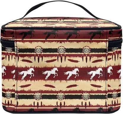 JoyLamoria Aztec Horse Makeup Bag Portable Cosmetic Bag Large Capacity Handbag Wallet Coin Purse Pouch with Handle