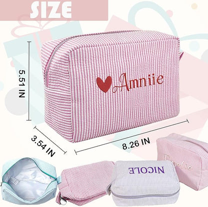 Custom Makeup Bag Personalized Cosmetic Bag Cute Seersucker Travel Toiletry Bag for Women Embroidered Bag Organizer for Bride Makeup Bag Gift Balck
