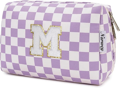 Narwey Birthday Gifts for Women Girls, Initial Makeup Bag for Bridesmaid Teacher Sister Friend Graduation Gifts, Personalized Monogram Cosmetic Toiletry Bag, Teen Girls Trendy Stuff (Purple M)