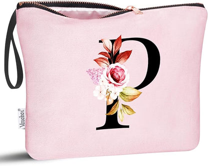 Vavabox A-Z Personalized Makeup Bag, Birthday Gifts for Women Mom, Gifts for Best Friend, Bride Bridesmaid Cosmetic bag (P, Pink)
