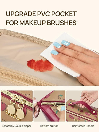 Telena Leather Make Up Bag Portable Travel Makeup Bag Waterproof Cosmetic Bags for Women Large Capacity With Handle and Divider Open Flat
