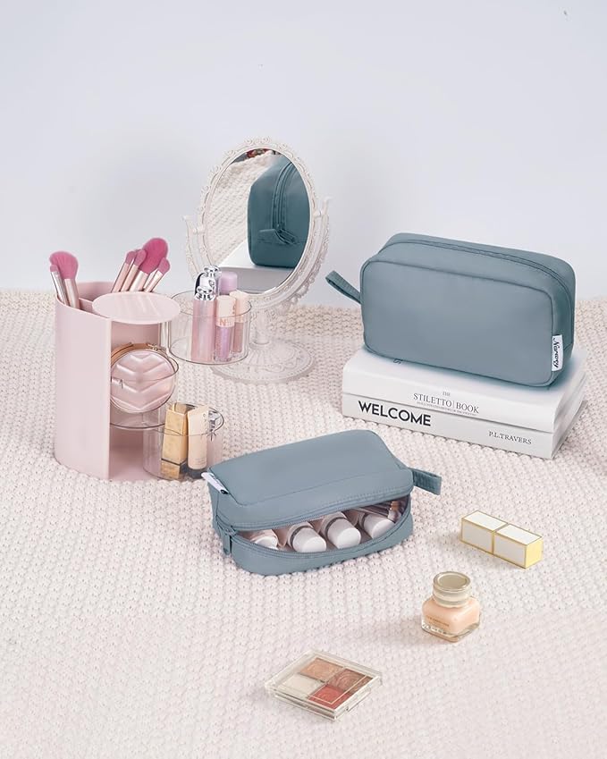 Narwey Small Makeup Bag for Purse Travel Makeup Pouch Mini Cosmetic Bag Zipper Pouch for Women (Greyish Blue, Small)
