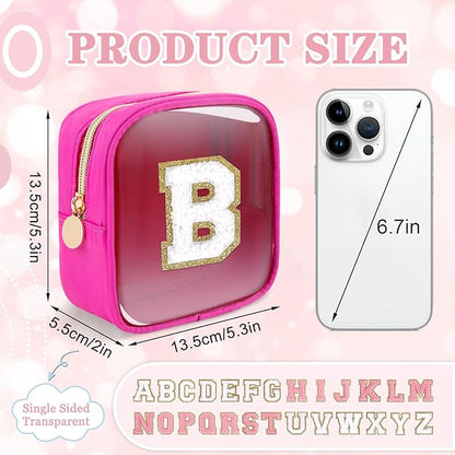 Mini Clear Personalized Initial Makeup Bag,Nylon Preppy A-Z Chenille Letter Patch Zipper Cosmetic Bag, Small Cute Beach Pouch Travel Purse Sanitary Napkin Storage Bag for Women Girls(Hot Pink-White B)