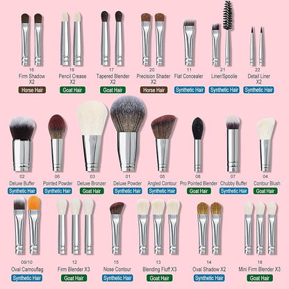 Bueart Design Pro makeup Artist 34Pcs Deluxe Real Goat Hair Horse hair Makeup Brushes Set with extra Large Holder High End Professional labeled makeup brush set with natural Pony Hair