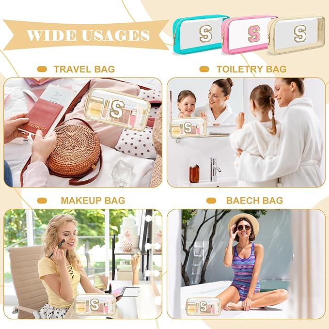 Personalized Initial Letter Clear Makeup Bag,Preppy Small Nylon&PVC Cosmetic Zipper Bag with Chenille Letter,Portable Beach Travel Skincare Toiletry Bag,Trendy Monogram Gift for Teen Girls Women,S