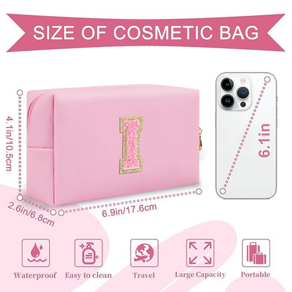 Personalized Initial A-Z Preppy Patch Makeup Bag,Small PU Leather Chenille Letter Cosmetic Bag with Zipper for Teen Girls,Pink Cute Travel Toiletry Bag,Birthday Monogrammed Gift for Daughter,Letter I