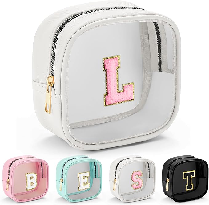 YOOLIFE Initial Make Up Bag Travel Toiletry Bag, Clear Makeup Bag Preppy Cosmetic Bags Organizer Travel Essentials Gifts for Women Teen Girlfriend Teacher Mom Birthday Mothers Day Gifts White L