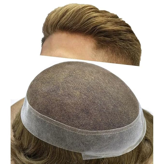 FACE MIRACLE Toupee for Men French Lace Hairpiece Human Hair Replacement System Skin PU Mens Toupee Hair Wigs for Man V-Looped Front Hair Prosthesis 6"X8" 7ASH Light Ash Brown