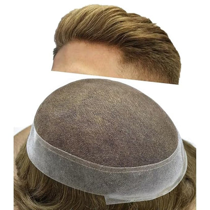 FACE MIRACLE Toupee for Men Lace Center Mens Toupee Hairpiece for Man Human Hair Replacement System Lace Center with Poly around Hair Units Mens Wig Hair Prosthesis 6"X8" 7ASH Light Ash Brown