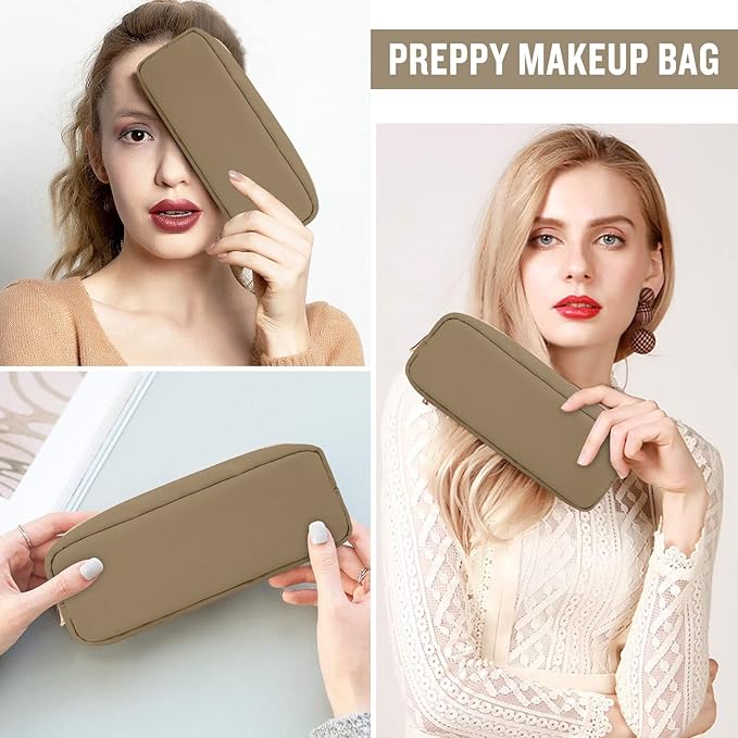 IZUZTA Nylon Slim Makeup Bag, Preppy Cute Makeup Brush Case Bag, Waterproof Travel Toiletry Bag Clutch Coin Pouch Make Up Organizer for Women Girls (Khaki)