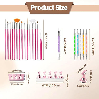 Nail Art Tools Set, 15 Nail Art Brushes 6 Nail Dotting Tool 3 Nail Stickers 2nail buffer 2 toe separator with Nail Stand Holder for Nail Tech & Beginners Nail Art Supplies Kit (Pink)