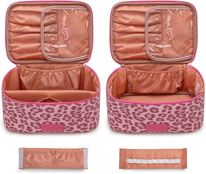 Montana West X Wrangler Travel Makeup Bag 2pcs Set Large Cosmetic Bag with Makeup Brush Holder Portable Make Up Organizer Cute Toiletry Bag with Divider and Handle for Women Leopard