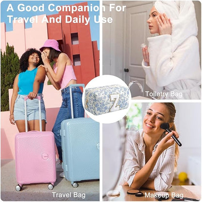 Gleyemor Personalized Initial Makeup Bag for Women, Cute Quilted Blue Floral Cotton Cosmetic Bag, Christmas Gifts for Her Mom Friend Sister Bridesmaid Teacher Women Z