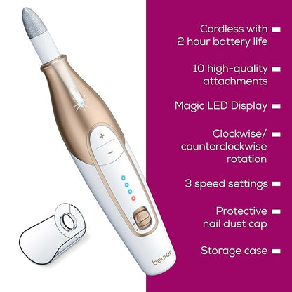 Beurer MP64 Nail Drill Kit, Cordless Electric Nail File with 10 Attachments and LED Light, Electric Manicure Set with Adjustable Speed, E-File for Manicure and Pedicure, with Storage Case