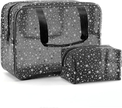 Yaopeing 2Pcs PVC Clear Makeup Bag Organizer for Women,Star Transparent Cosmetic Case Travel Toiletry Pouch with Zipper,Large Make Up Purse for Daily Accessory,Black